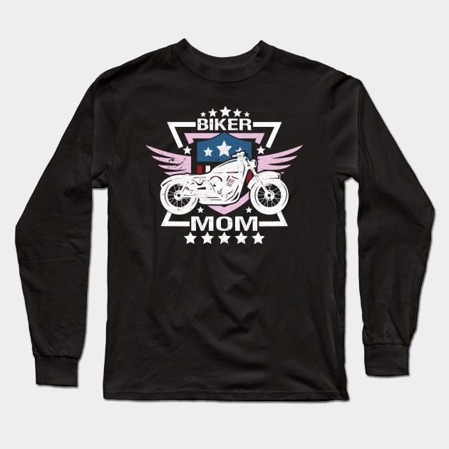 Biker Mom White Motorcycle Pink Wings Flag Long Sleeve T-Shirt by EPDROCKS